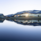 A photo of Google's new Bay View campus at sundown.